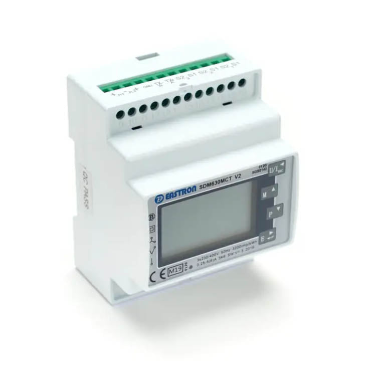 Eastron SDM630MCT Modbus MID sähkömittari, energiamittari, digitaalinen näyttö ja mittausliitännät.