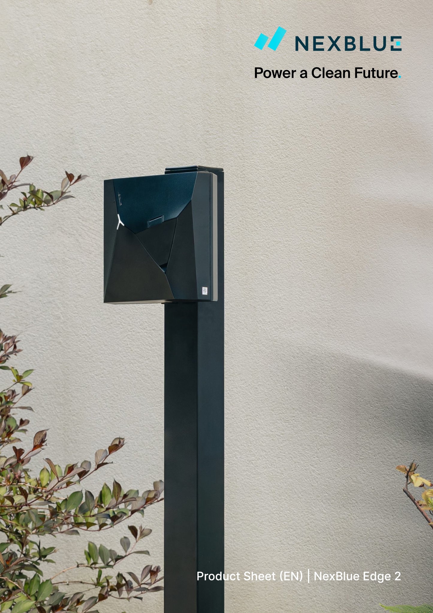 Nexblue Edge 2 device with sleek black design and LED indicators, showcasing its compact, modern technology features.