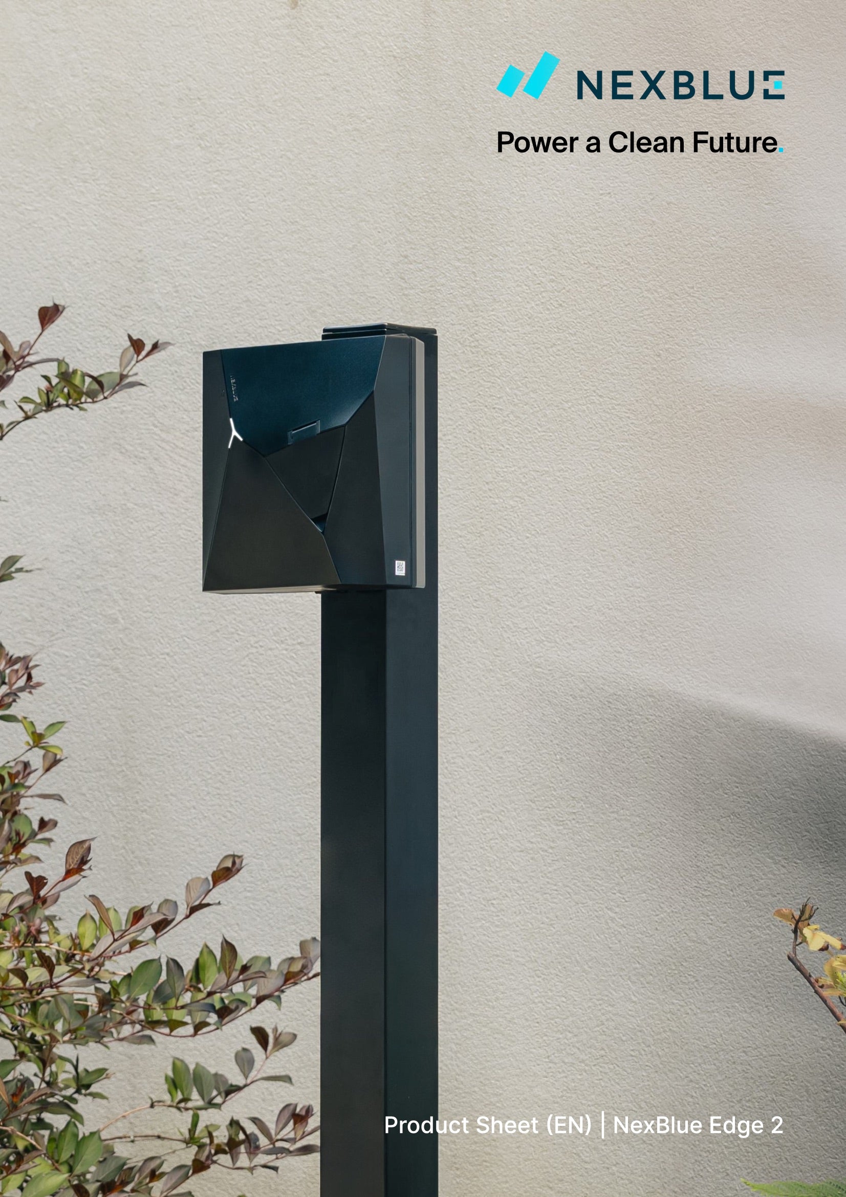Nexblue Edge 2 device with sleek black design and LED indicators, showcasing its compact, modern technology features.