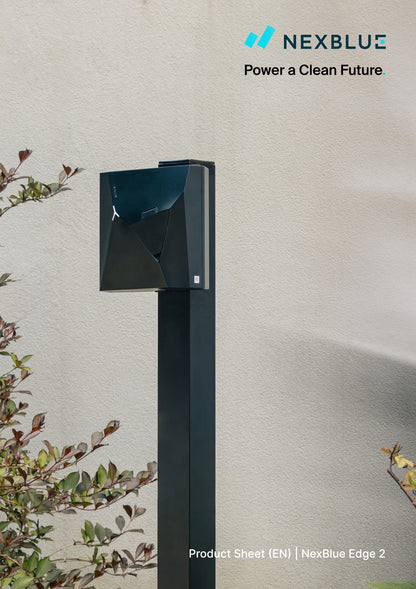 Nexblue Edge 2 device with sleek black design and LED indicators, showcasing its compact, modern technology features.