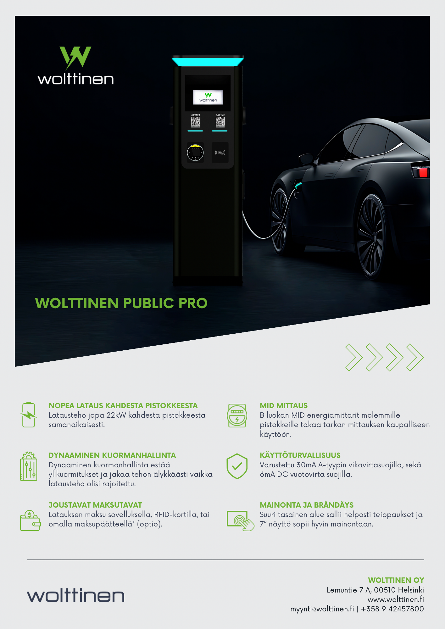 Wolttinen Public Pro 2x22kW julkinen latauslaite. Maksupääte. OCPP Plug-And-Play. Helppo asennus. - autonlataus.com