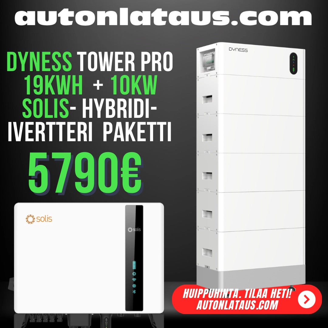 Solis 10 kW hybrid inverter with Dyness T19 Pro 19 kWh home battery pack, installed outdoors with connection cables visible.