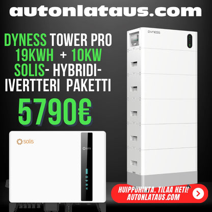 Solis 10 kW hybrid inverter with Dyness T19 Pro 19 kWh home battery pack, installed outdoors with connection cables visible.