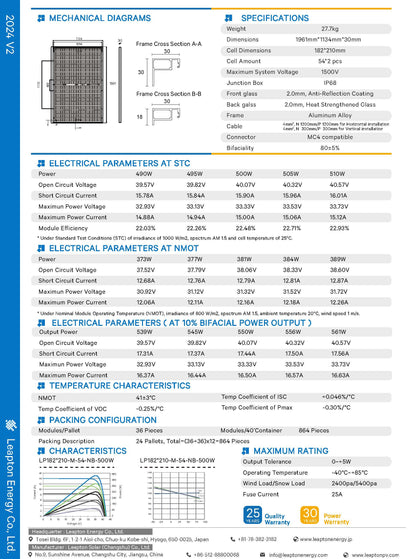 Aurinkopaneeli Leapton 500W Bifacial TopCon - autonlataus.com