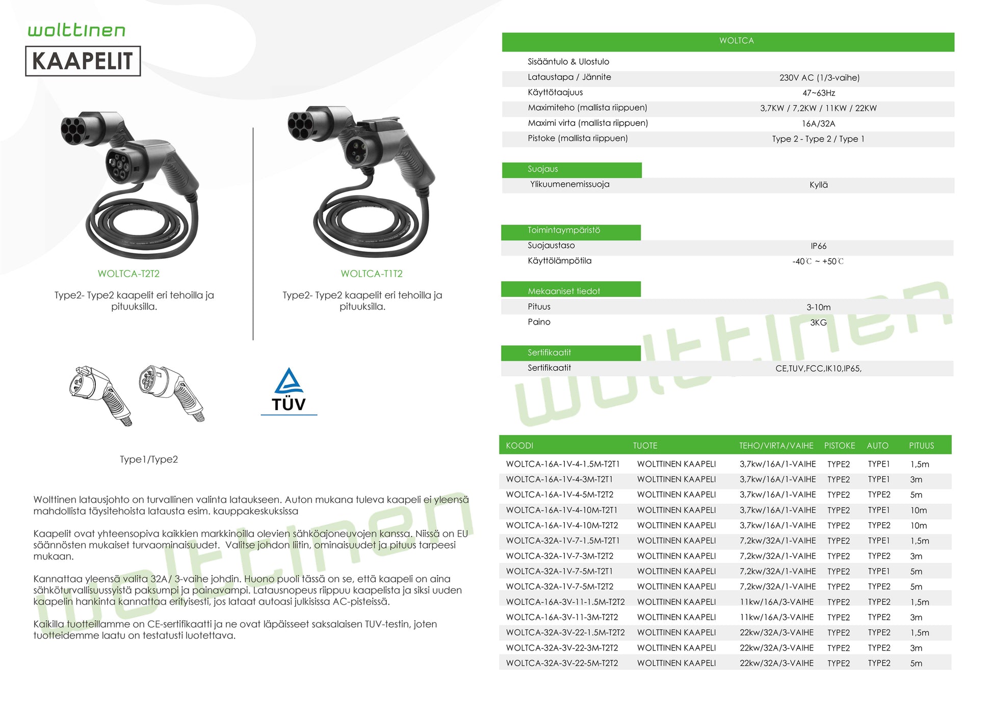 ENNAKKOHINTA! Wolttinen 5m Latausjohto Type2 16A 3V max. 11KW - autonlataus.com
